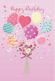 A whimsical birthday scene is illustrated here, full of pastel colour and gentle movement, as if inspired by a peaceful walk through Mitcham on a bright spring morning. The background is a smooth, soft pink, providing a calm setting for a bouquet that seems to float in mid-air. Above, a collection of balloons forms a loose cluster, each balloon given its own playful character. Some are circled with candy-coloured stripes, others are sprinkled with cheerful polka dots, and a few are adorned with romantic floral and swirl motifs. The colours-blush pink, seafoam green, buttery yellow, and lilac-come together like a soft chorus, lively but never overwhelming. Tucked just below this floating cluster, a neat bouquet of flowers gathers the hues of the balloons into a single focus. Delicate roses and anemone-like blooms are arranged close together, their feathery petals layered in shades of creamy ivory, blush, and muted mauve, as though freshly picked from a carefully tended garden. A violet satin bow binds the stems, its slight sheen suggesting the touch of a skilled hand, like one from Flowers Mitcham preparing a birthday delivery along London Road or around Mitcham Junction. Imagined light pours gently over the composition, touching the balloons with a soft shine and lending the flowers a natural, velvety glow. Tiny stars and fluttering butterflies scatter around, adding a hint of fairy-tale magic. The effect is airy, sweet, and perfectly festive, capturing not just the look of a birthday celebration, but the feeling of being thought of with genuine care.