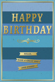 This elegantly understated birthday card showcases a serene blend of blue stripes and shimmering gold text, as if styled to sit beside a birthday bouquet in a cosy Mitcham kitchen. The background is formed by broad horizontal bands in a gradient of blues: a strong, dark navy at the top gradually softens through velvety ocean tones into a lighter, more open sky blue near the bottom. These stripes give the impression of layered calm, like watching the sky change hue over Mitcham's rooftops. Centered across the card, the words HAPPY BIRTHDAY appear in prominent, embossed gold capitals. The letters are evenly spaced and slightly raised, their polished metallic surface reflecting light with a subtle, celebratory sparkle. Just under the main greeting, a decorative gold flourish curves in an elegant, symmetrical pattern, adding a touch of classic refinement to the clean, modern colour palette. Beneath this flourish, three slender gold banners stretch horizontally, one above the other, each ribbon carrying part of a warm, encouraging phrase: Relax, have a great day and enjoy! The text is clearly legible and friendly, inviting the recipient to slow down and savour their birthday. A delicate gold border encloses the entire design, giving the card a finished, almost framed appearance. The material appears to be high-quality, matte card stock, its smooth surface contrasting gently with the tactile raised gold embossing. You might imagine this card propped open next to a fresh arrangement of birthday flowers delivered in Mitcham, the gold accents catching the soft indoor light and turning a simple message into a moment of quiet, heartfelt celebration.